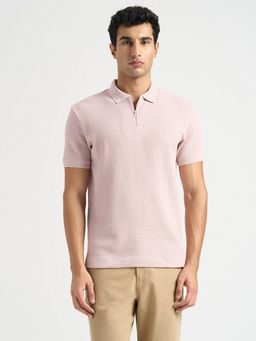 SELECTED HOMME - Pink Cotton Zip Knit Polo T-Shirt