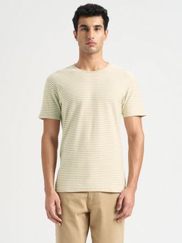 SELECTED HOMME - Beige Round Neck Striped Cotton T-Shirt