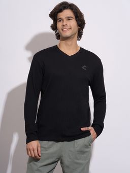 Being Human - Men's Black Textured Full Sleeve V-Neck T-Shirt