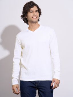 Being Human - Men's White Textured Full Sleeve V-Neck T-Shirt