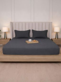 BELIHODE - 300 TC, Pure Cotton Solid Fitted Queen bedsheet witrh 2 pillow cover