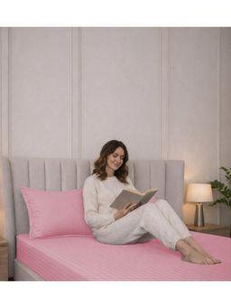 BELIHODE - 300 TC, Pure Cotton Striped Fitted Queen bedsheet witrh 2 pillow cover