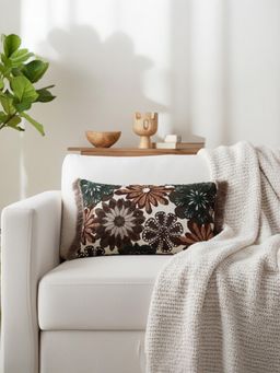 BELIHODE - Brown Floral Hand Embroidered Lumbar Cushion Covers (12x20 inches)
