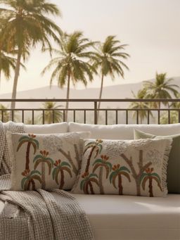 BELIHODE - Beige Botanique Palms Embroidered Pillow Covers (Pack of 2) (12 x 18 Inches)
