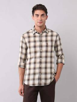 U.S. Polo Assn. Denim Co. - Beige Checked Regular Fit Cotton Men's Shirt