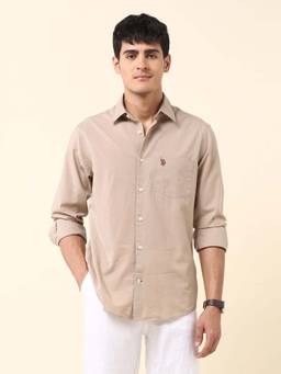 U.S. POLO ASSN. - Beige Solid Tailored Fit Cotton Men's Shirt