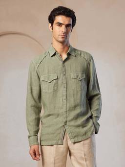 U.S. POLO ASSN. - Olive Solid Tailored Fit Spread Collar Linen Men's Shirt
