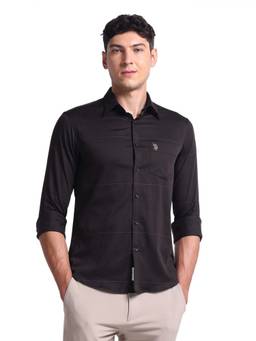 U.S. POLO ASSN. - Black Windowpane Checks Regular Fit Cotton Blend Men's Shirt