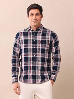 U.S. POLO ASSN. - Navy Blue Checked Tailored Fit Cotton Men's Shirt