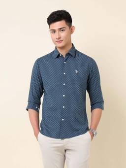 U.S. POLO ASSN. - Blue Geometric Tailored Fit Cotton Men's Shirt