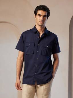 U.S. POLO ASSN. - Navy Blue Solid Relaxed Fit Cotton Men's Shirt