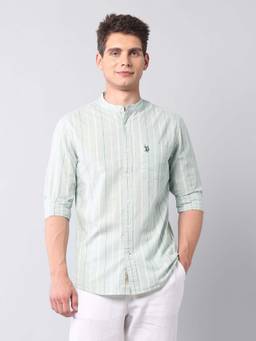 U.S. Polo Assn. Denim Co. - Light Green Striped Regular Fit Cotton Men's Shirt