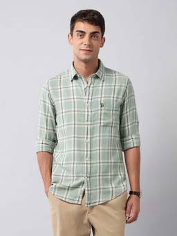 U.S. Polo Assn. Denim Co. - Light Green Checked Regular Fit Cotton Men's Shirt