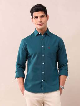 U.S. POLO ASSN. - Teal Solid Tailored Fit Cotton Men's Shirt