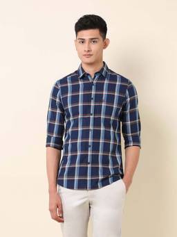 U.S. POLO ASSN. - Navy Blue Checked Tailored Fit Cotton Men's Shirt