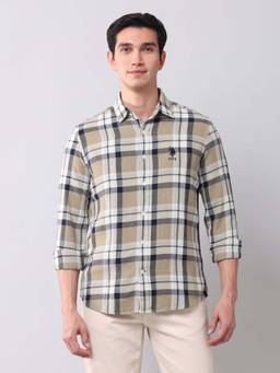 U.S. Polo Assn. Denim Co. - Khaki Tartan Checks Regular Fit Cotton Men's Shirt