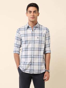 U.S. POLO ASSN. - White Checked Tailored Fit Cotton Men's Shirt