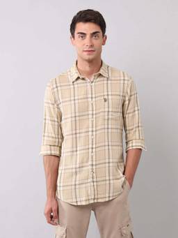 U.S. Polo Assn. Denim Co. - Dark Beige Checked Regular Fit Cotton Men's Shirt