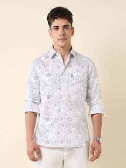 U.S. POLO ASSN. - White Floral Tailored Fit Spread Collar Cotton Men's Shirt