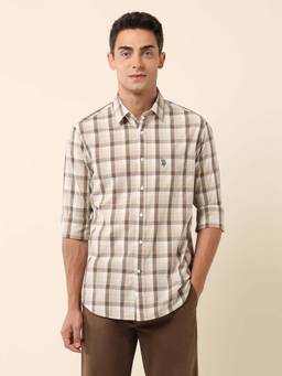U.S. POLO ASSN. - Light Brown Checked Tailored Fit Cotton Men's Shirt
