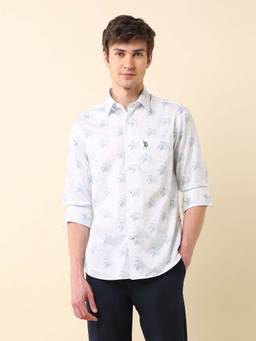 U.S. POLO ASSN. - White Floral Tailored Fit Cotton Men's Shirt