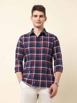 U.S. POLO ASSN. - Navy Blue Checked Tailored Fit Cotton Men's Shirt
