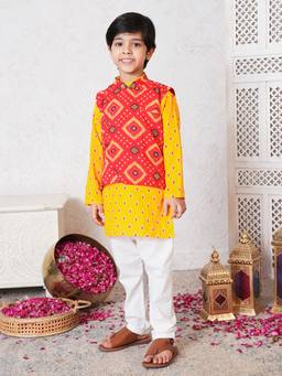 Lil Pitaara - Pure Cotton Kurta With Pajama And Nehru Jacket