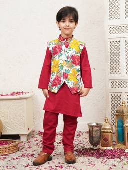 Lil Pitaara - Pure Cotton Kurta With Pajama And Nehru Jacket