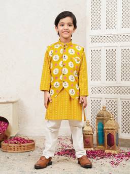 Lil Pitaara - Pure Cotton Kurta With Pajama And Nehru Jacket