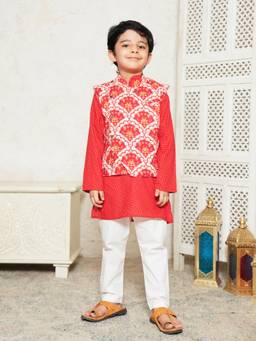 Lil Pitaara - Pure Cotton Kurta With Pajama And Nehru Jacket
