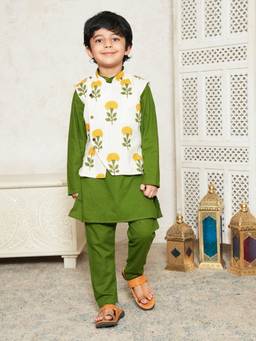 Lil Pitaara - Pure Cotton Kurta With Pajama And Nehru Jacket
