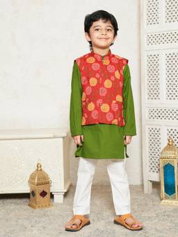 Lil Pitaara - Pure Cotton Kurta With Pajama And Nehru Jacket