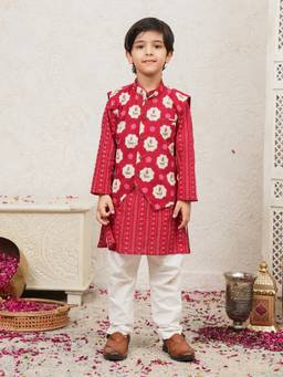 Lil Pitaara - Pure Cotton Kurta With Pajama And Nehru Jacket