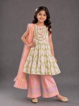 The Little Tales - Lotus Print Layered Frock Style Kurta With Pant And Dupatta