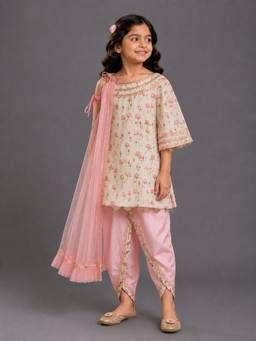 The Little Tales - Lotus Print Kurta With Dhoti And Dupatta