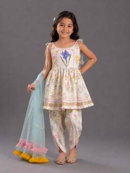 The Little Tales - Strap Hand painted White Floral Kurta With Dhoti And Dupatta