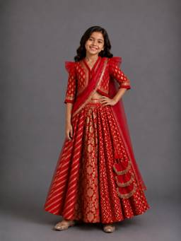 The Little Tales - Deep Red Chanderi Choli With Lehnga And Draped Dupatta