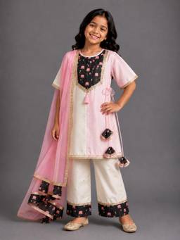The Little Tales - Double Shanded Lotus Printed A-Line Kurta With Pant And Dupatta