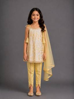The Little Tales - Yellow Sequined Strappy Kurta With Dhoti And Dupatta