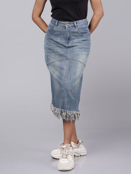 French Theory - Navy Blue Traditional Silhouette Fringy Denim Skirt