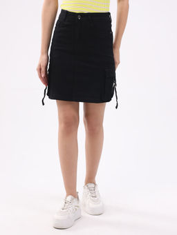 Global Republic - Black Cotton Blend Solid Mini Skirt For Women