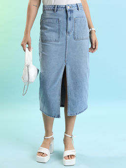 TOKYO TALKIES - Blue Mid-Rise Midi-Length Straight Pure Cotton Skirt