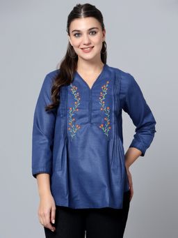 Bani Women - Womens Top Floral Embroidery Blue