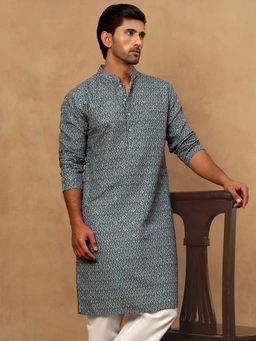 Jompers - Men Aqua Cotton Blend Ethnic Printed Kurta