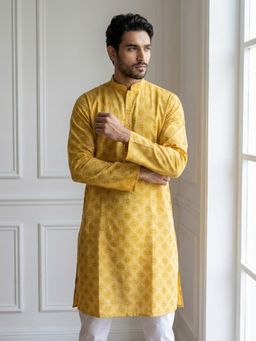 Jompers - Men Yellow Printed Cotton Blend Kurta