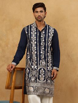 Jompers - Men Navy Blue Silk Blend Embroidered Kurta