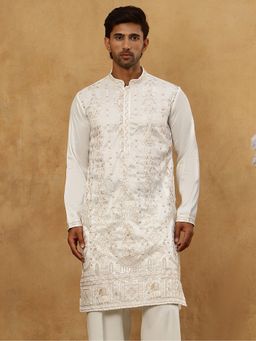 Jompers - Men White Silk Blend Embroidered Kurta