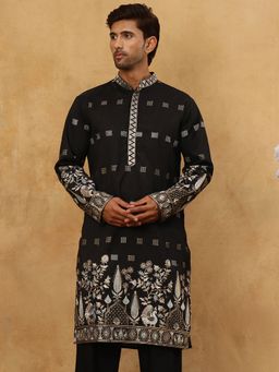 Jompers - Men Black Silk Blend Embroidered Kurta