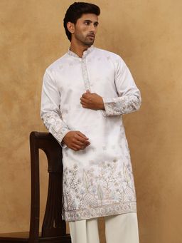 Jompers - Men White Silk Blend Embroidered Kurta