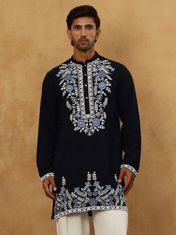 Jompers - Men Navy Blue Japanese Fabric Embroidered Kurta